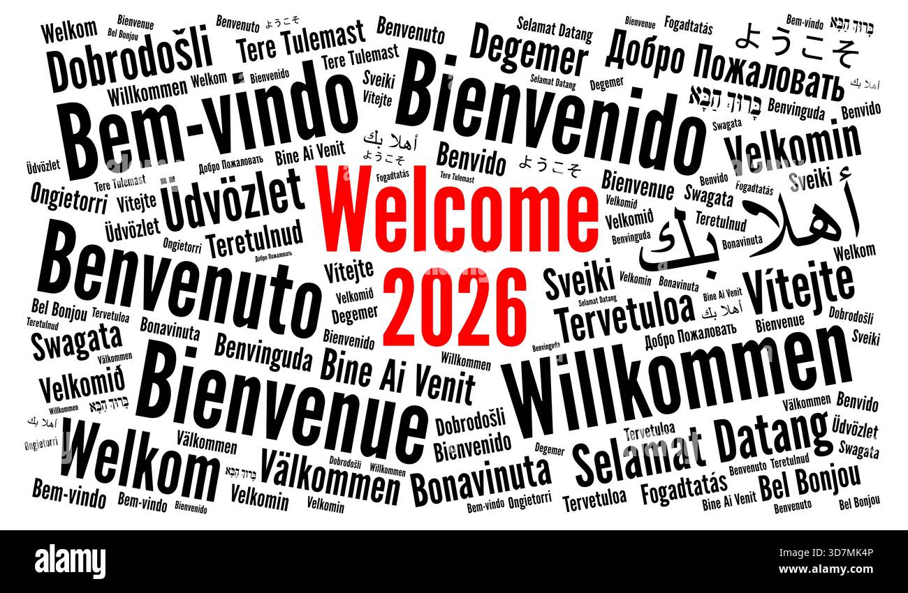 Willkommen im neuen Jahr 2026 Wortwolke in verschiedenen Sprachen Stockfoto