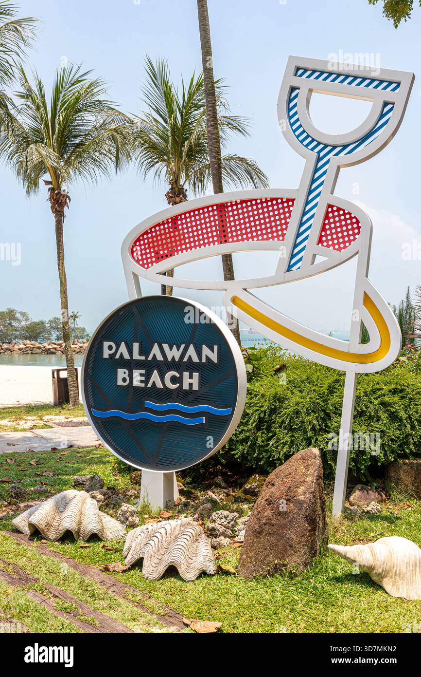 Willkommensschild für Palawan Beach, Sentosa Island, Singapur, Südostasien Stockfoto