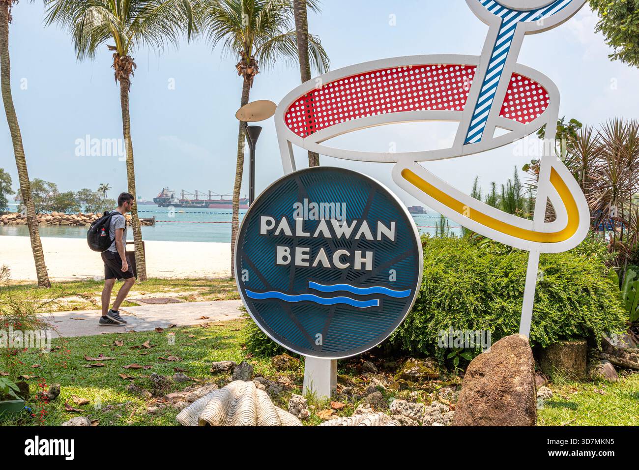 Willkommensschild für Palawan Beach, Sentosa Island, Singapur, Südostasien Stockfoto