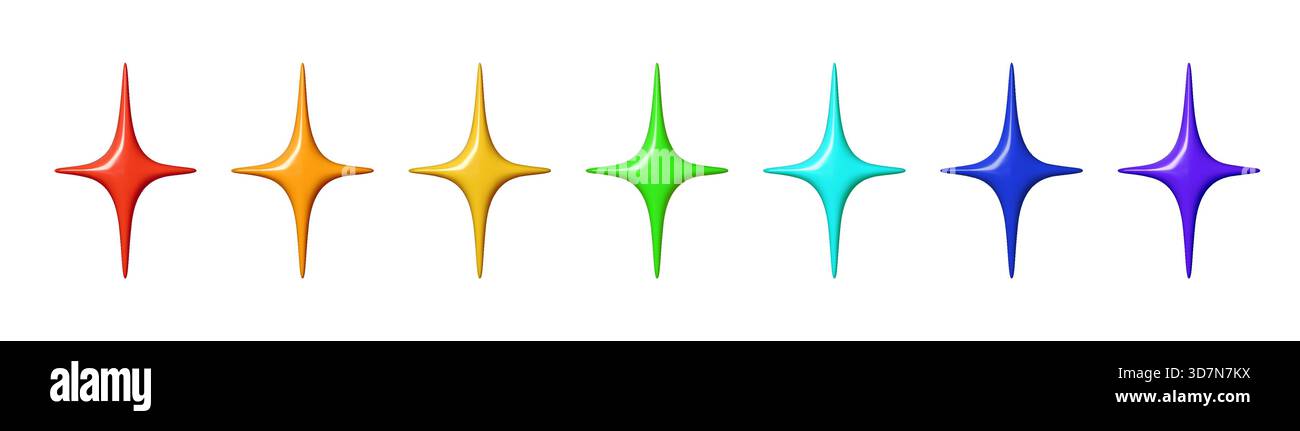 Bunte 3D-Sternsymbole mit glänzenden Glitzereffekten. Dieses leuchtende Set aus Regenbogen besticht durch niedliche abstrakte Formen und funkelnde Elemente Stock Vektor