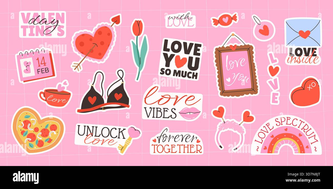 Aufkleberpaket zum Valentinstag. Isolierte Elemente. Stock Vektor