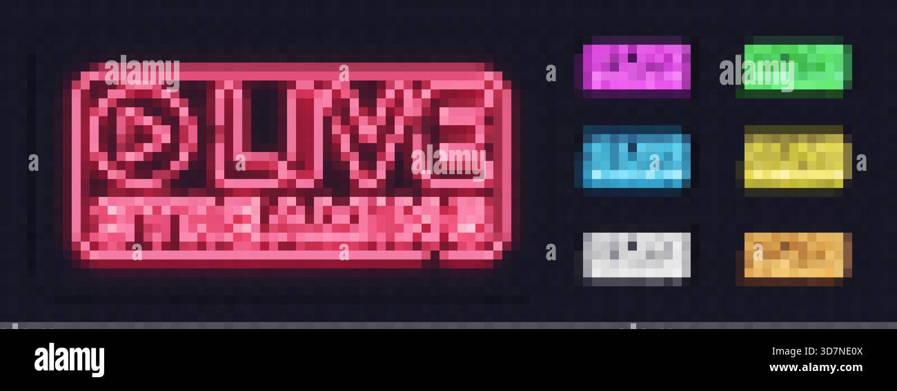 Set aus leuchtenden Neon Live Streaming Schildern in mehreren Farben auf einem transparenten Hintergrund. Perfekt für Werbeläden, Restaurants und moderne Stock Vektor