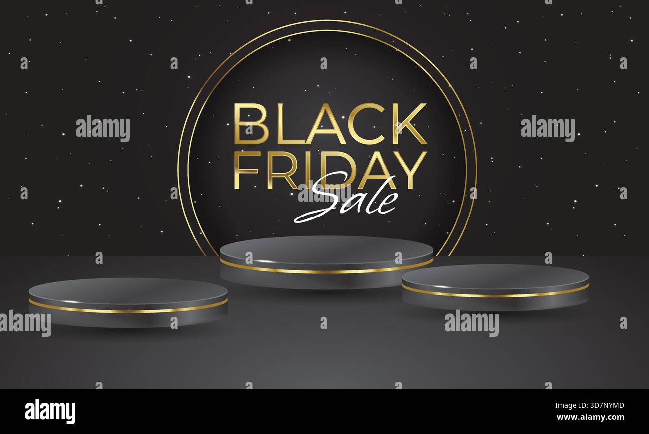 Glänzendes Black Friday-Werbebanner mit Podium. Typografie Minimal-Text-Symbol für Black Friday-Angebot mit Rabattangebot. Designvorlage für Black Friday Stock Vektor