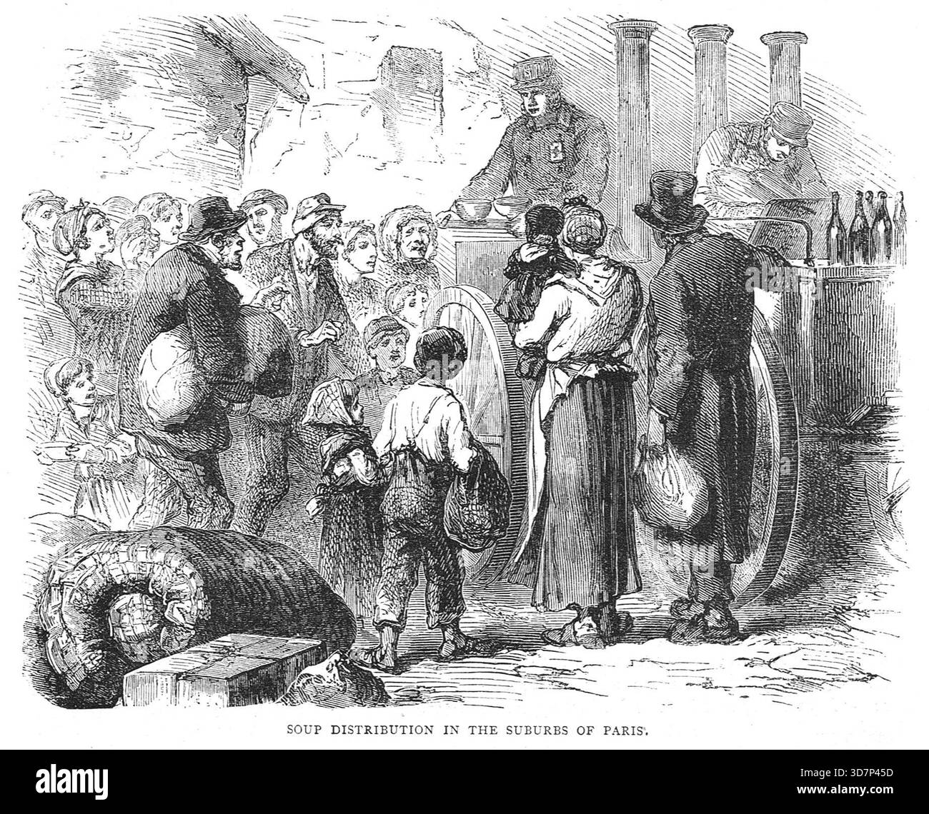 Suppenverteilung in den Vororten von Paris während der Belagerung von Paris im Deutsch-Französischen Krieg. Stockfoto