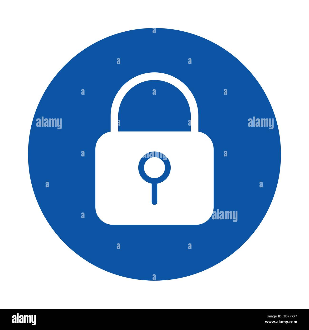 Dieses Bild zeigt ein einfaches weißes Vorhängeschloss-Symbol vor einem blauen kreisförmigen Hintergrund, das Sicherheit und Schutz in einem digitalen Kontext darstellt. Stock Vektor