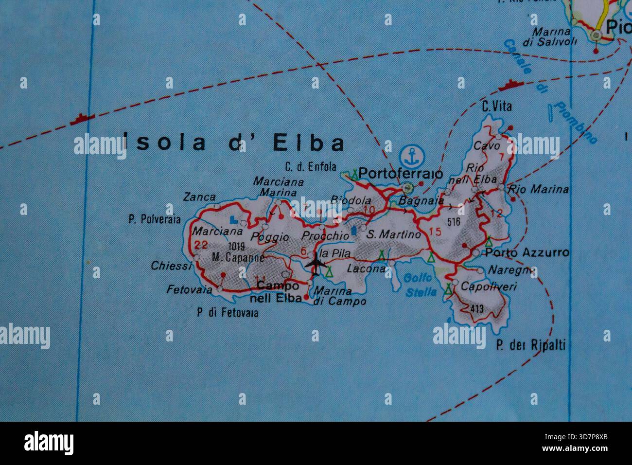 Die Insel Elba, Italien, auf einer Straßenkarte Stockfoto