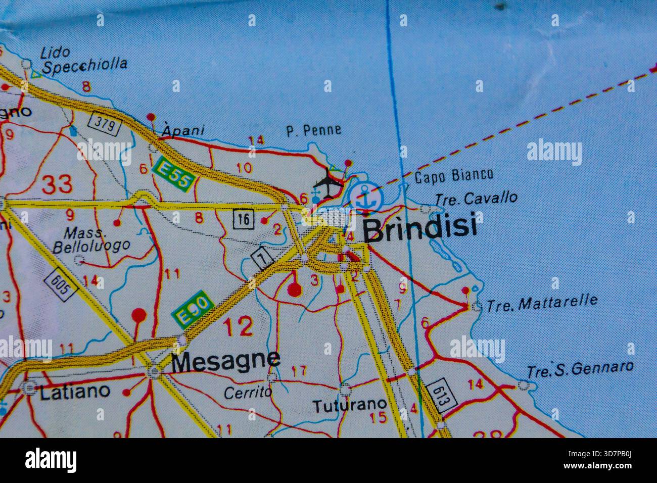 Brindisi, Italien, auf einer Straßenkarte Stockfoto