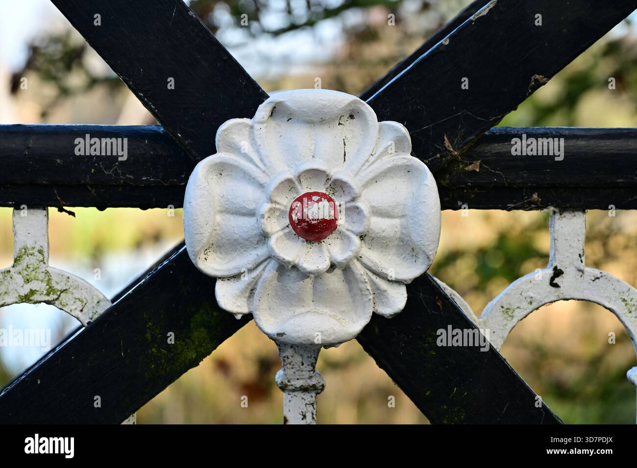 Dekorative Metallblume auf Zaun mit roter Mitte und Kurven Stockfoto