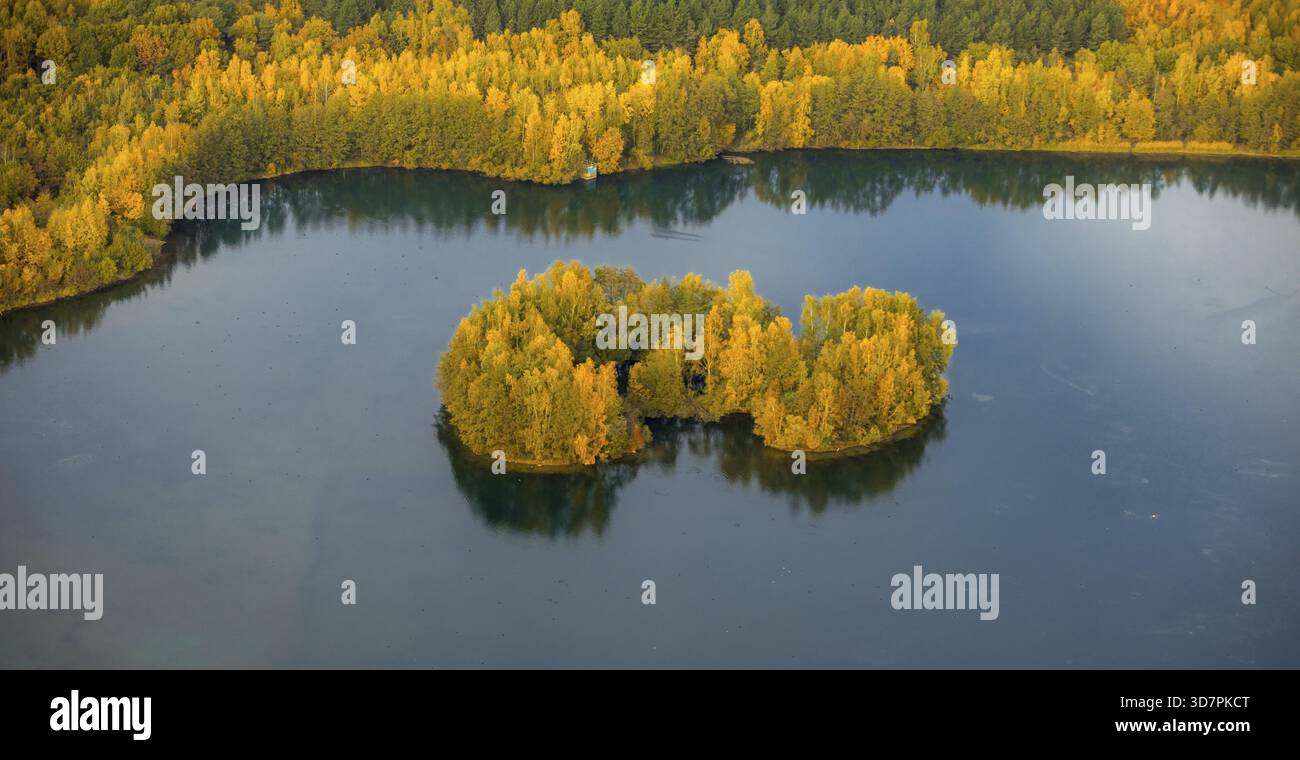 Aus der Vogelperspektive, Heidesee Kirchhellen Grafenwald, Inseln mit Herbstwald, farbenfrohe Herbstblätter, Bergbecken, Kohlebergbau bei der Zeche Prosper Stockfoto