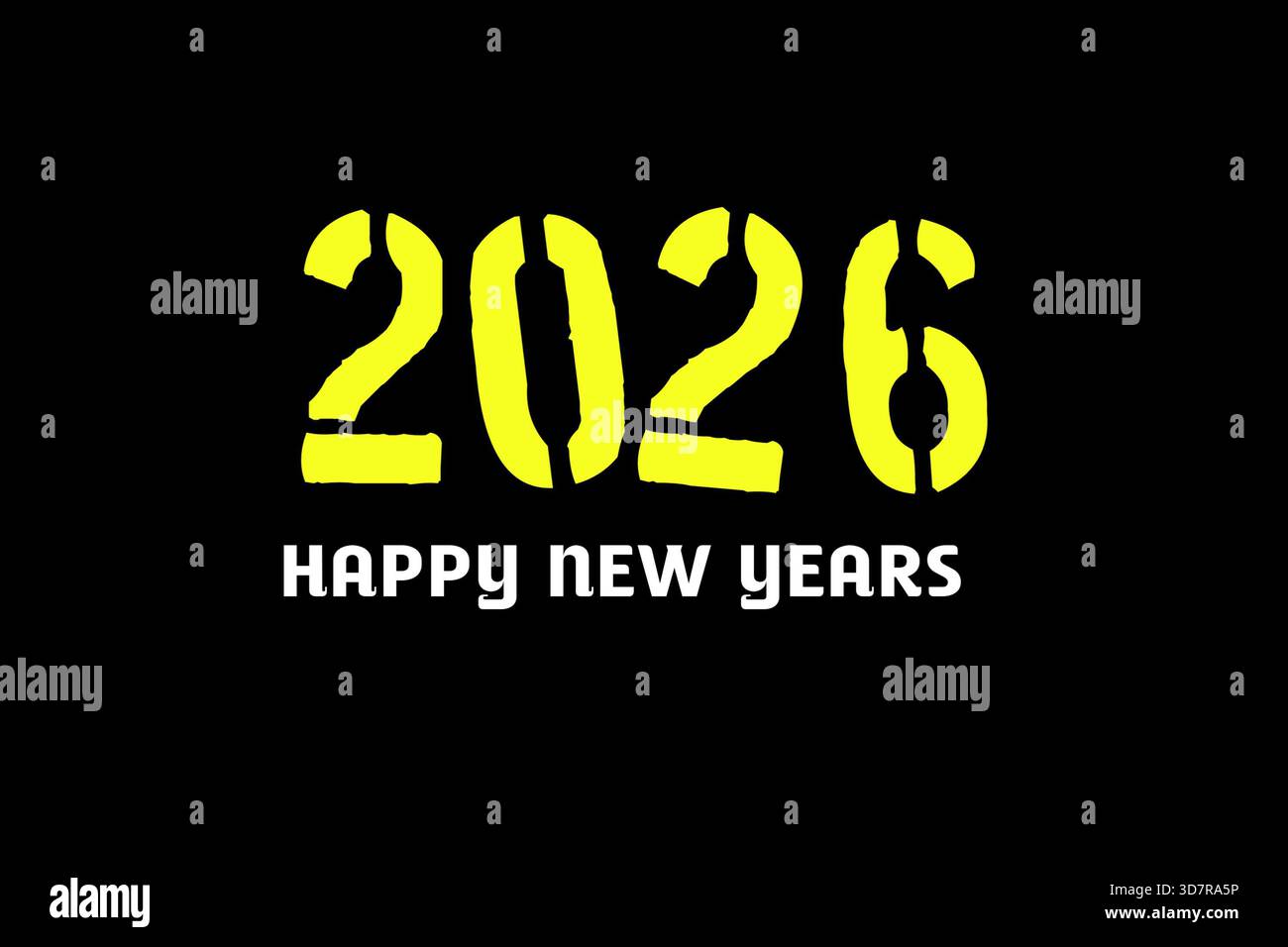 Eine auffällige, kontrastreiche Vektor-Illustration für das neue Jahr 2026 mit einer auffälligen Schablonenschrift für das Jahr „2026“ in leuchtendem Gelb Stockfoto