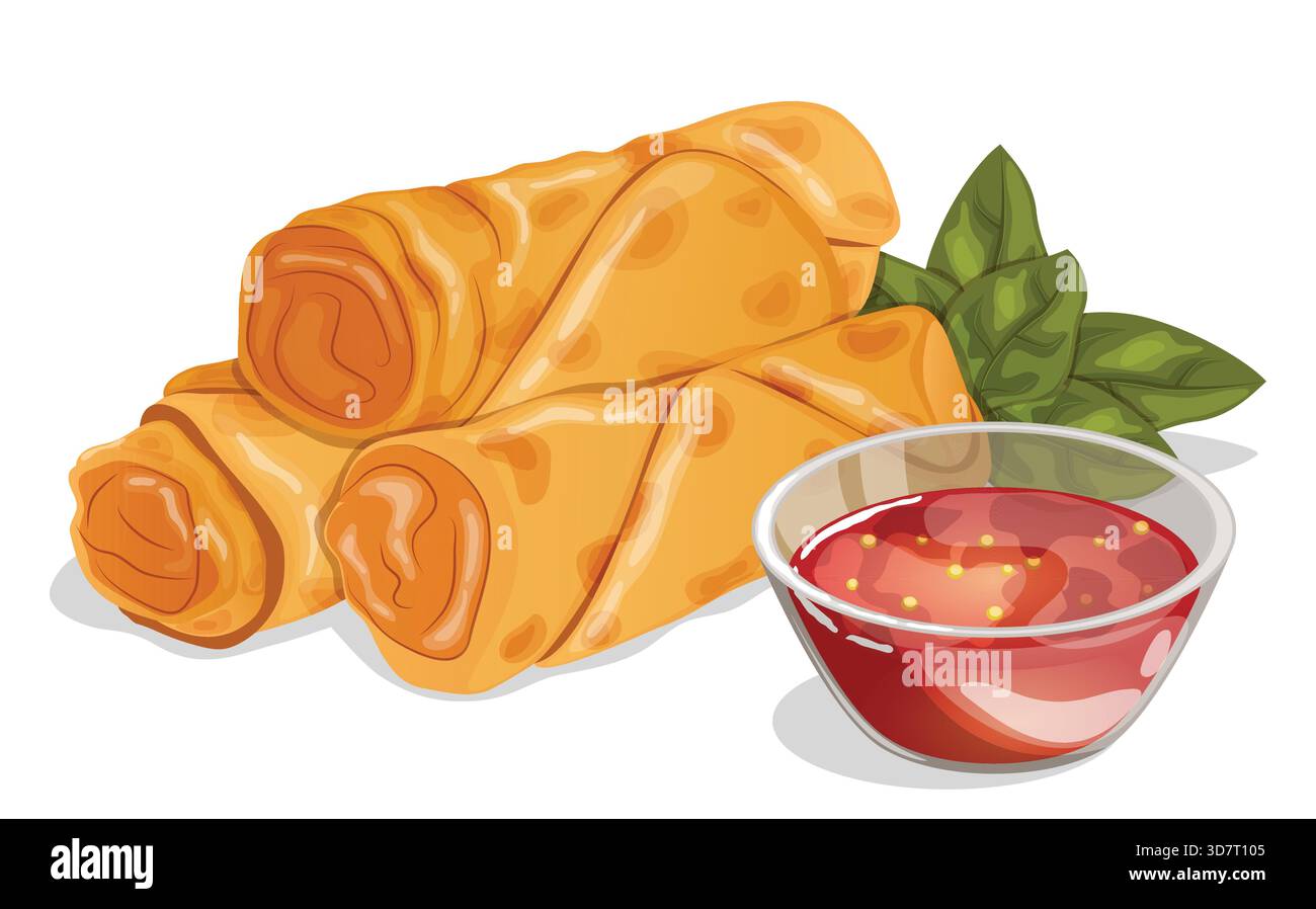 Frühlingsrollen mit goldgebratenem Gemüse mit frischem Basilikum und süßer Chili-Dipping-Sauce. Traditionelle Chinesische Dim Sum Street Snacks Stock Vektor