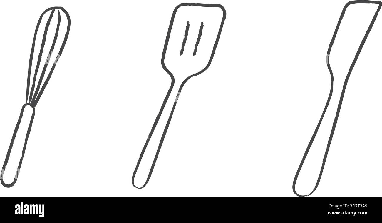 Eine einfache Strichdarstellung von drei handgeführten Küchengeräten, einschließlich Löffel, Spachtel und Messer. Stock Vektor