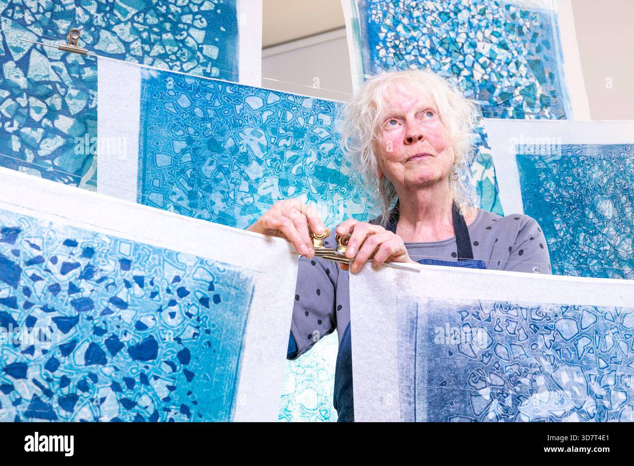 Edinburgh, Vereinigtes Königreich. 25. November 2025 im Bild: Die Künstlerin Mary Walters posiert mit ihrer Arbeit Sea Ice Requiem, die als Teil unserer gemeinsamen Welt ausgestellt wird. Our Shared World ist eine neue Verkaufsausstellung in Edinburgh Printmakers, die am 28. November 2025 eröffnet wird und bis 15. März 2026 läuft. Our Shared World enthält 125 Kunstwerke von 124 Künstlern, die Mitglieder von Edinburgh Printmakers sind. Quelle: Rich Dyson/Alamy Live News Stockfoto