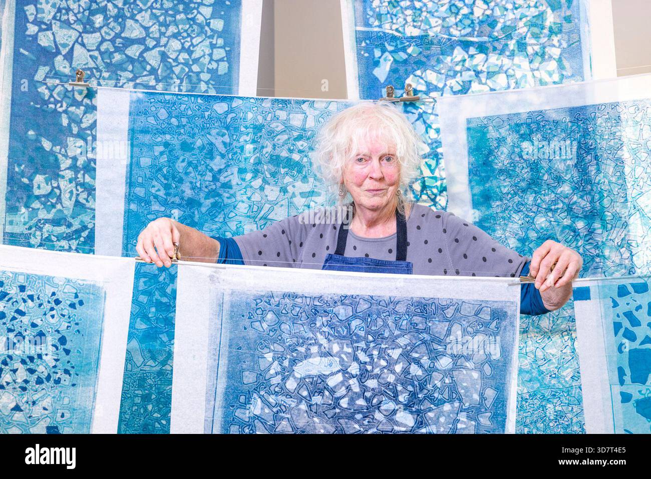 Edinburgh, Vereinigtes Königreich. 25. November 2025 im Bild: Die Künstlerin Mary Walters posiert mit ihrer Arbeit Sea Ice Requiem, die als Teil unserer gemeinsamen Welt ausgestellt wird. Our Shared World ist eine neue Verkaufsausstellung in Edinburgh Printmakers, die am 28. November 2025 eröffnet wird und bis 15. März 2026 läuft. Our Shared World enthält 125 Kunstwerke von 124 Künstlern, die Mitglieder von Edinburgh Printmakers sind. Quelle: Rich Dyson/Alamy Live News Stockfoto