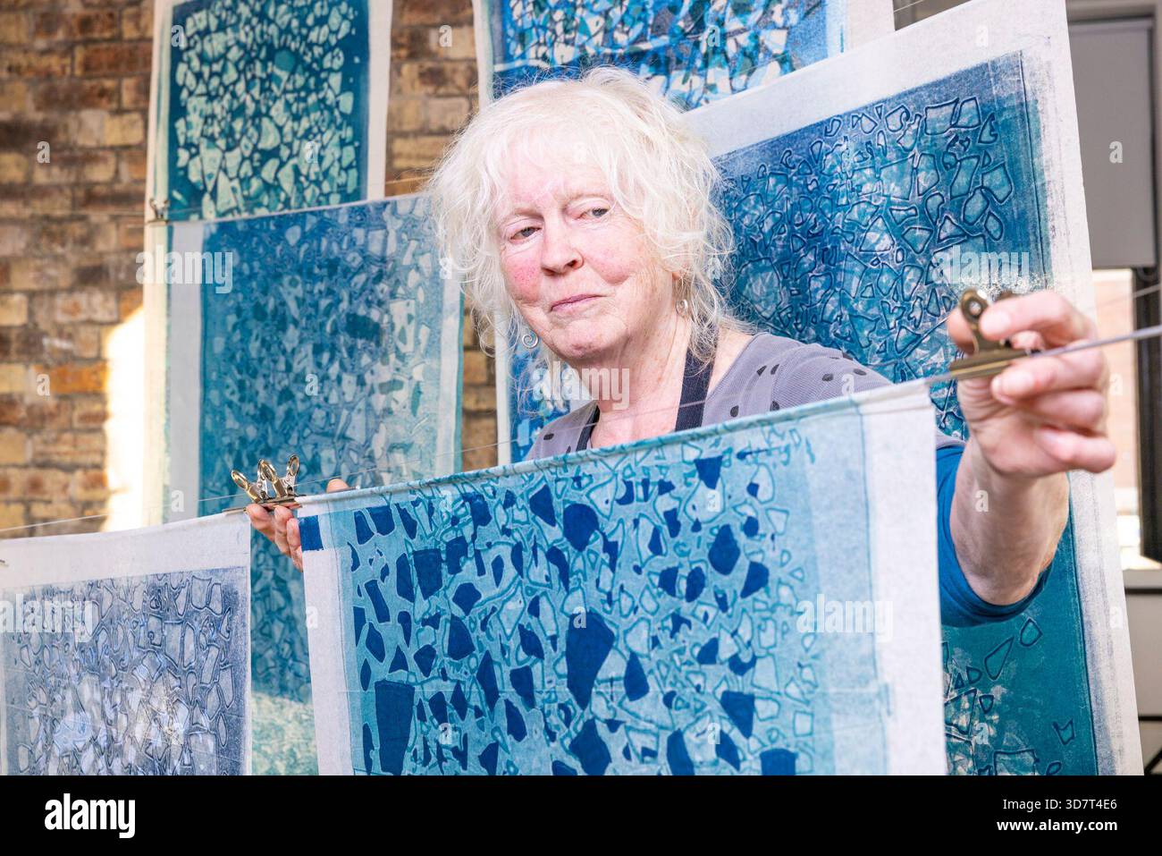 Edinburgh, Vereinigtes Königreich. 25. November 2025 im Bild: Die Künstlerin Mary Walters posiert mit ihrer Arbeit Sea Ice Requiem, die als Teil unserer gemeinsamen Welt ausgestellt wird. Our Shared World ist eine neue Verkaufsausstellung in Edinburgh Printmakers, die am 28. November 2025 eröffnet wird und bis 15. März 2026 läuft. Our Shared World enthält 125 Kunstwerke von 124 Künstlern, die Mitglieder von Edinburgh Printmakers sind. Quelle: Rich Dyson/Alamy Live News Stockfoto