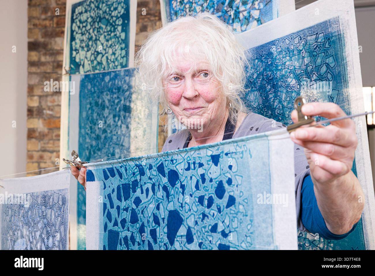 Edinburgh, Vereinigtes Königreich. 25. November 2025 im Bild: Die Künstlerin Mary Walters posiert mit ihrer Arbeit Sea Ice Requiem, die als Teil unserer gemeinsamen Welt ausgestellt wird. Our Shared World ist eine neue Verkaufsausstellung in Edinburgh Printmakers, die am 28. November 2025 eröffnet wird und bis 15. März 2026 läuft. Our Shared World enthält 125 Kunstwerke von 124 Künstlern, die Mitglieder von Edinburgh Printmakers sind. Quelle: Rich Dyson/Alamy Live News Stockfoto