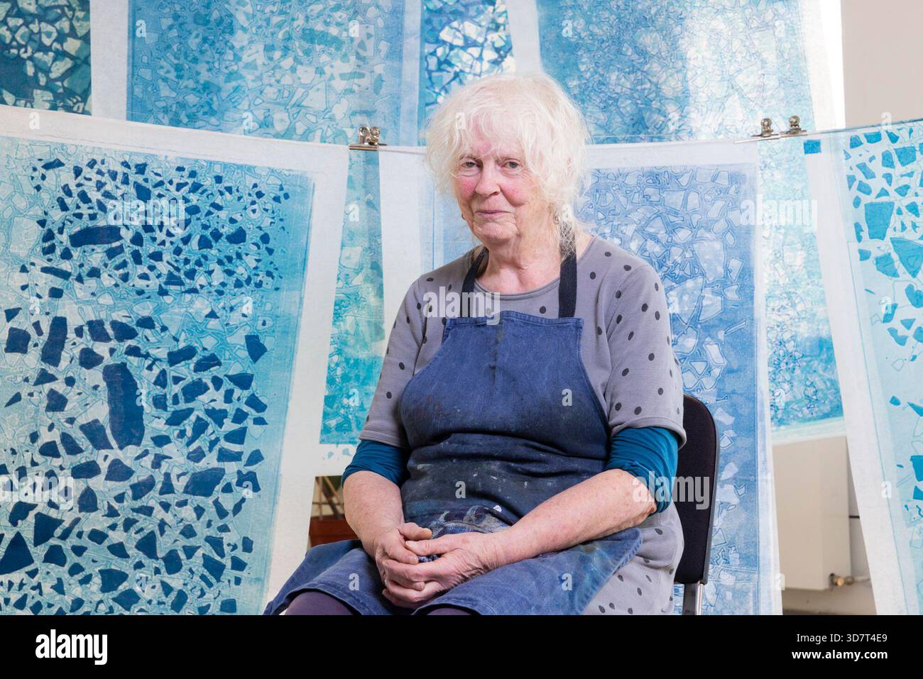 Edinburgh, Vereinigtes Königreich. 25. November 2025 im Bild: Die Künstlerin Mary Walters posiert mit ihrer Arbeit Sea Ice Requiem, die als Teil unserer gemeinsamen Welt ausgestellt wird. Our Shared World ist eine neue Verkaufsausstellung in Edinburgh Printmakers, die am 28. November 2025 eröffnet wird und bis 15. März 2026 läuft. Our Shared World enthält 125 Kunstwerke von 124 Künstlern, die Mitglieder von Edinburgh Printmakers sind. Quelle: Rich Dyson/Alamy Live News Stockfoto