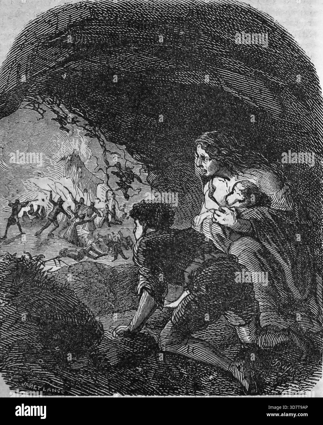 Die Herrschaft von Franz I. von Frankreich. 1534. Verfolgung von Ketzern (Hugenotten/protestanten). Eine calvinistische Familie war Zuflucht in der Höhle. Stich, 19. Jahrhundert. Stockfoto