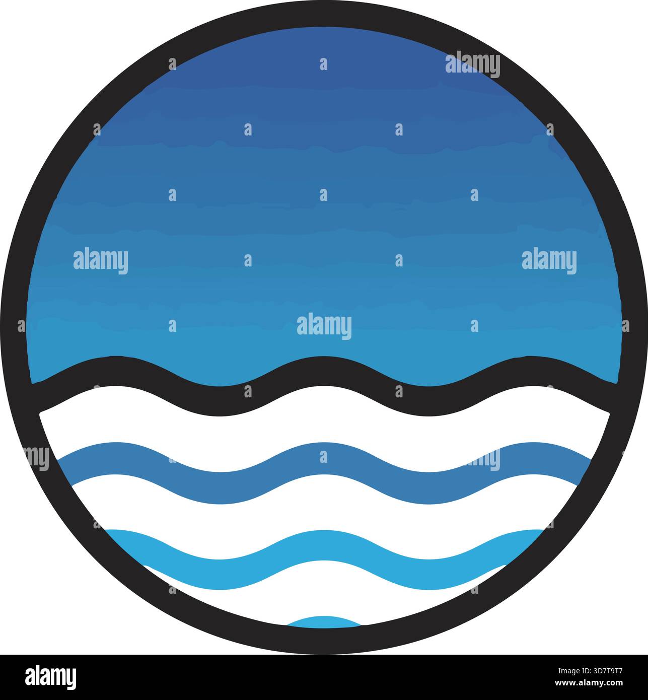 Blue Sea and Waves Circular icon Circular Water Graphic, minimalistisches Wellendesign, nautisches Logo, Reisesymbol, klares Wasser, Sommer Strand Grafik, sauber Stock Vektor