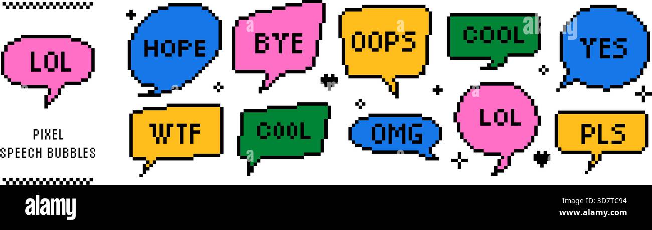 Pixelsprachblasen und Dialogfelder eingestellt. 8-Bit-Chatframes im Retro-Game-Stil, bunte Nachrichtenwolken und Kommentarballons. Y2K-Stil Stock Vektor