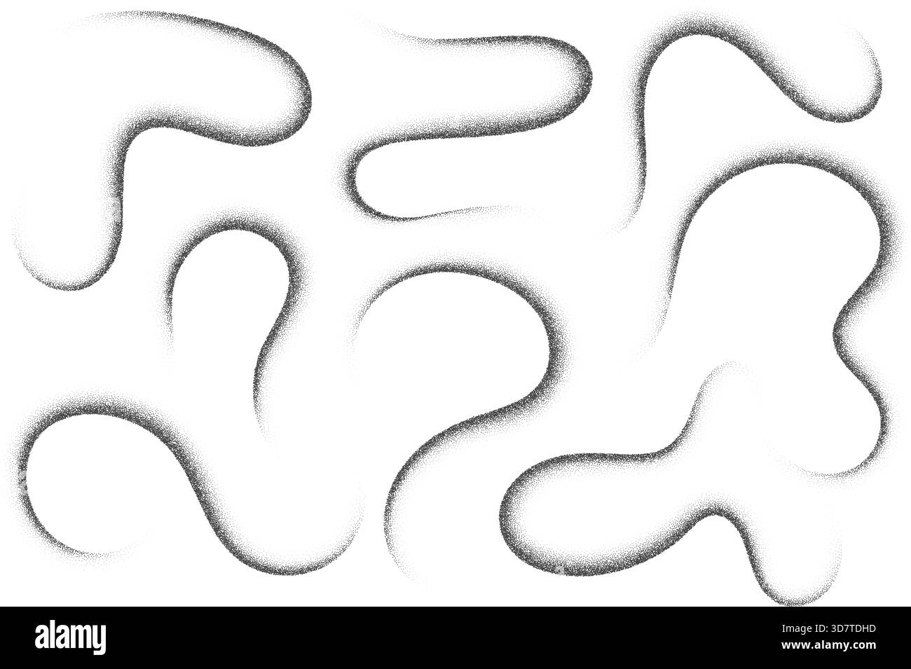 Körniges Punktmuster in welligen Linien isoliert auf weißem Hintergrund. Laute abstrakte Sandbürstenstriche. Vektorschwarze Stippelformen. Staubiger Pinsel Stock Vektor