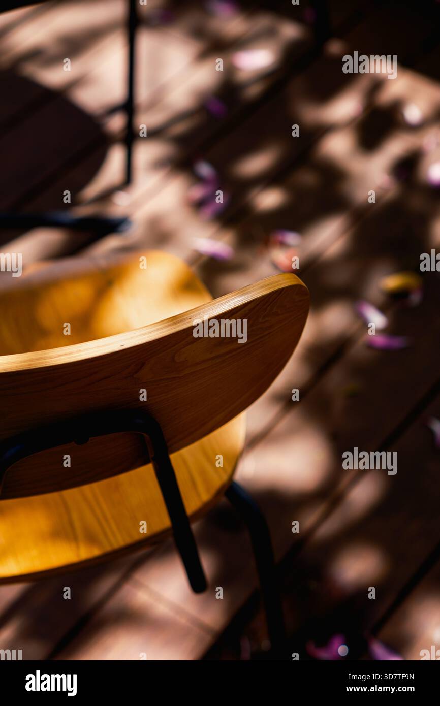 Ein Nahaufnahme eines modernen Stuhls mit klaren Linien und glattem Material. Das Spiel von Licht und Schatten unterstreicht die ergonomische Form. Stockfoto