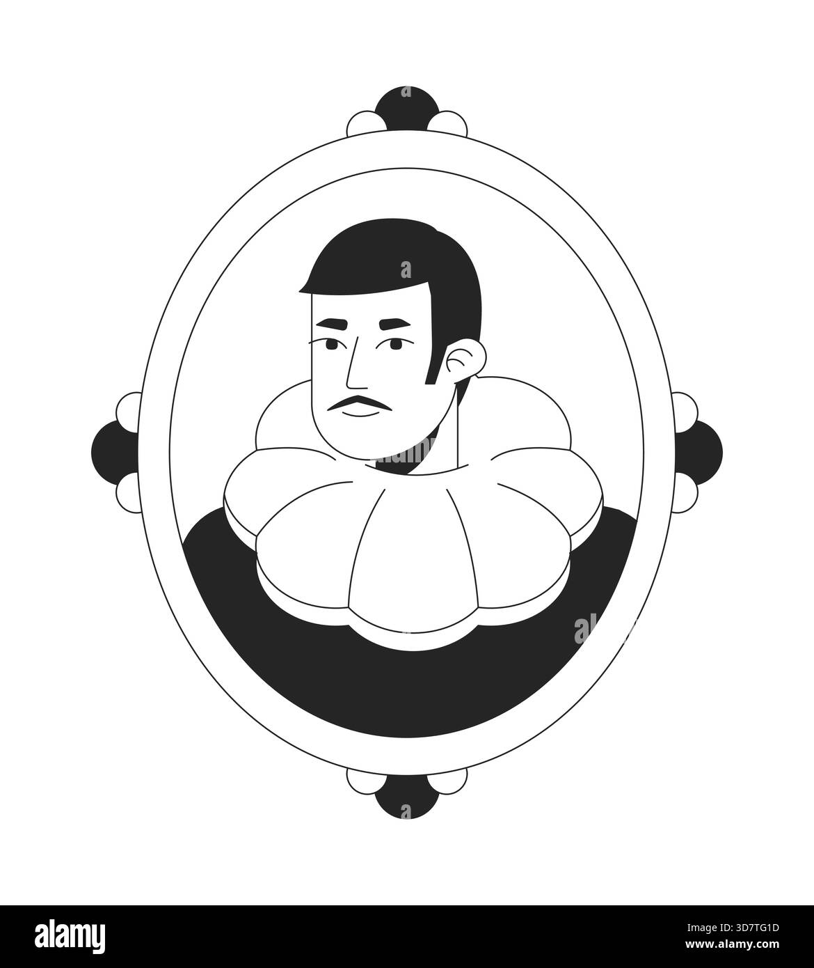 Schnurrbart-Mann-Porträt mit Rüschenkragen in kunstvoller 2D-Linienfigur Stock Vektor