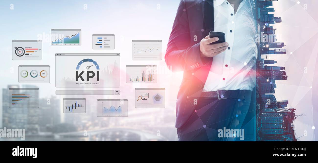 Ein Business Intelligence-Dashboard, das verschiedene Key Performance Indicators (KPI) anzeigt. Die Datenvisualisierung verfolgt Geschäftskennzahlen und -Kennzahlen pro Stockfoto