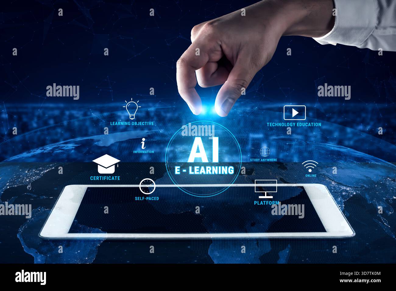 Die Rolle von KI im E-Learning für personalisierte Online-Schulungen. Eine adaptive Lernplattform mit Kursen zum Selbststudium und Technologieschulungen. Motiv Stockfoto