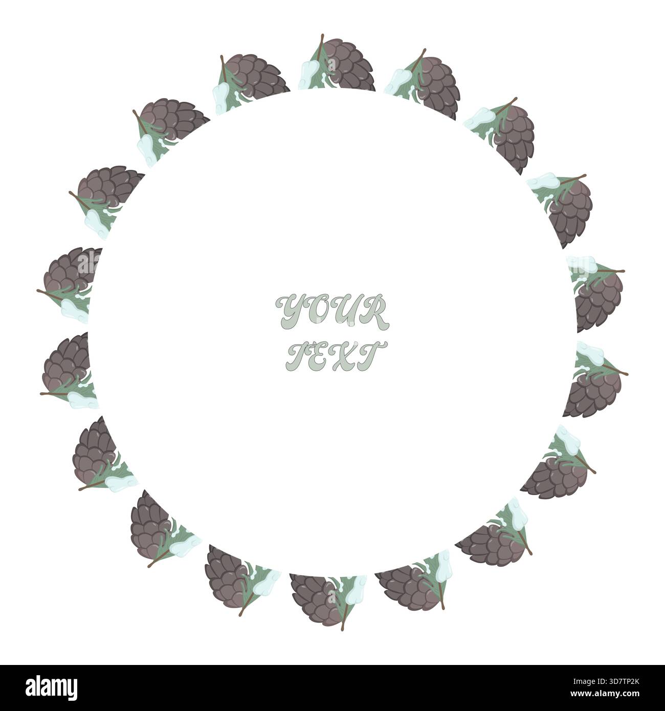 Kreisförmiger Rahmen aus Tannenzapfen und Blättern, der symmetrisch um einen zentralen bearbeitbaren Textbereich angeordnet ist. Minimales Design mit Naturmotiven Stock Vektor