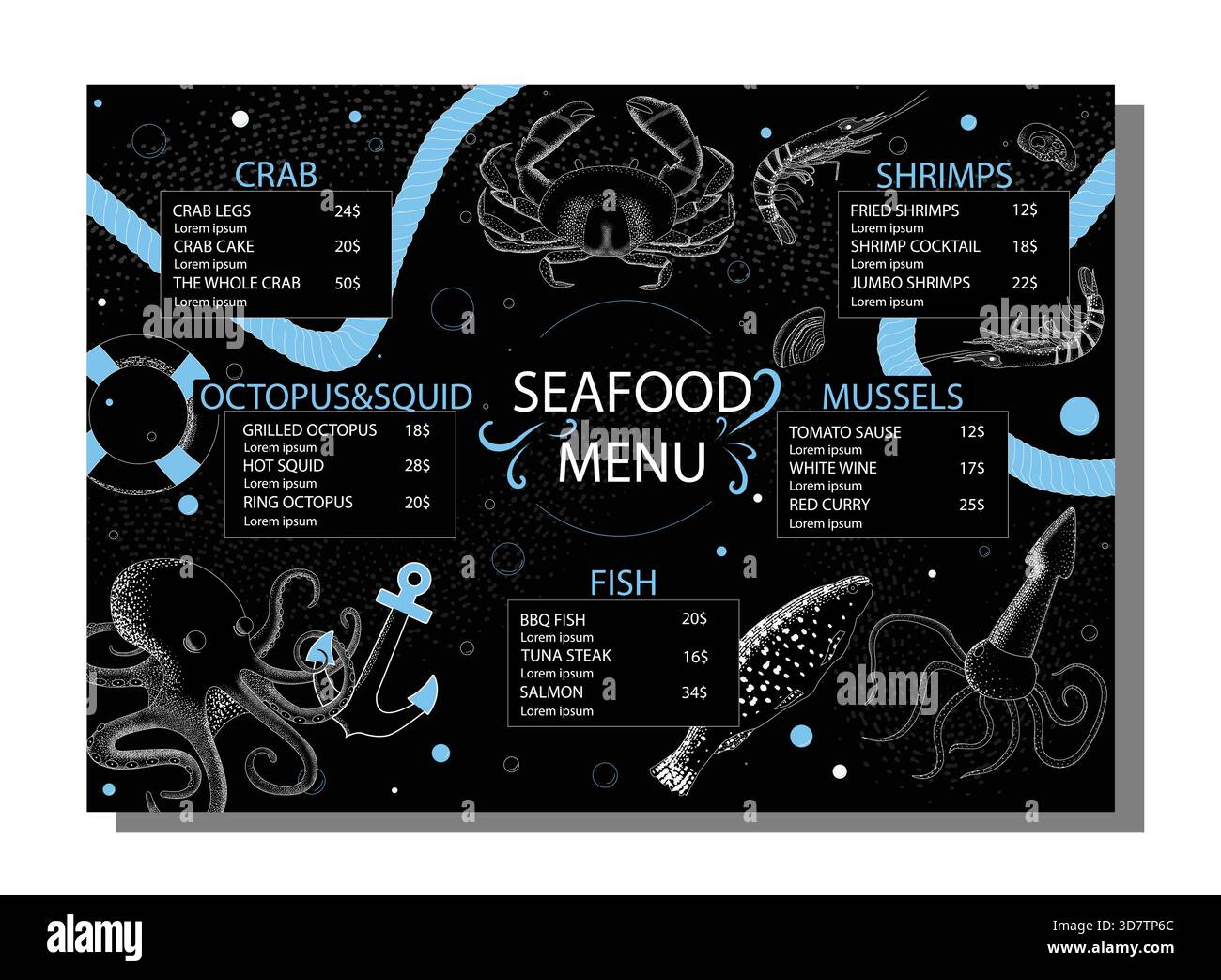 Stilisiertes Meeresfrüchte-Menü auf schwarzem Hintergrund mit weißen und blauen Illustrationen von Krabben, Tintenfischen, Garnelen, Muscheln, und Fisch Stock Vektor