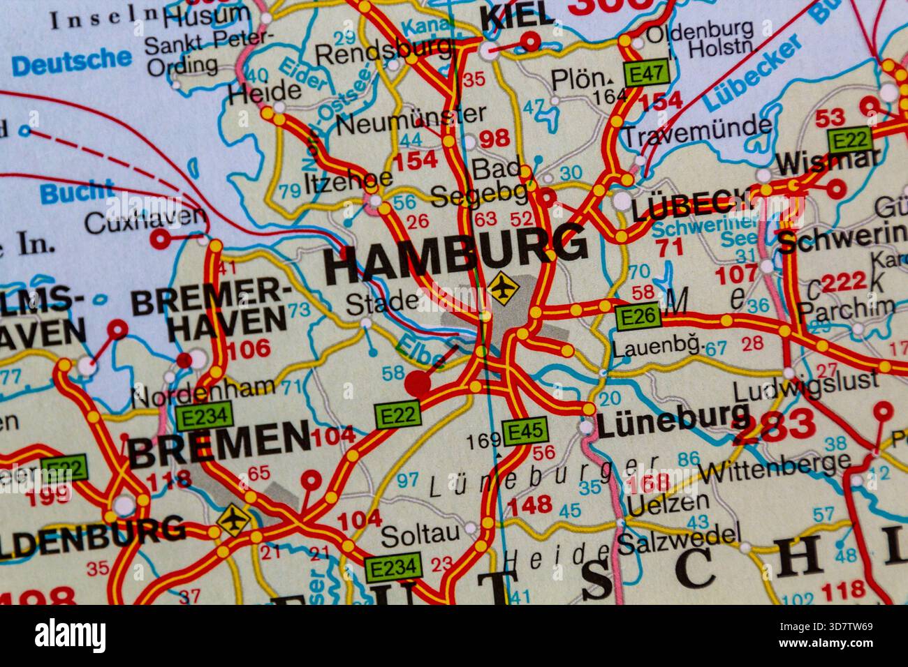 Hamburg, Deutschland, auf einer Straßenkarte Stockfoto