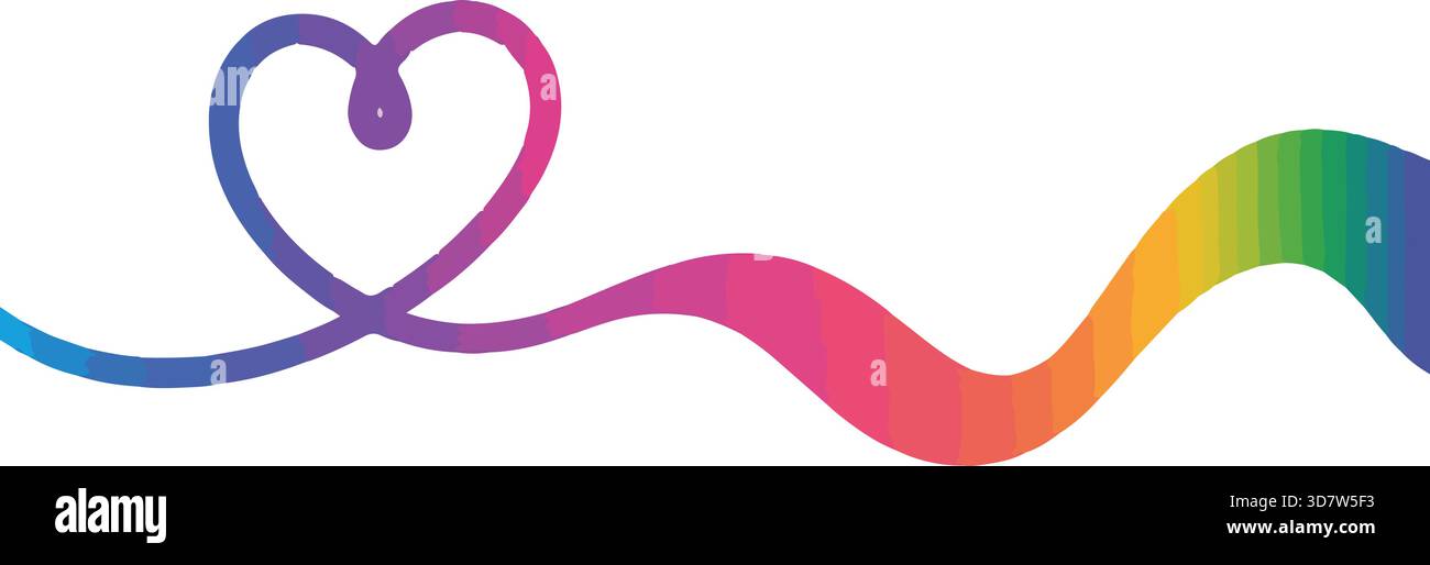 Rainbow Continuous Line Art Herz Vektor Regenbogen Herz, kontinuierliche Linie Zeichnung, Stolz Flagge Farben, lgbtq+ Liebe, Herzlinie Kunst, buntes Wirbeln, Stock Vektor
