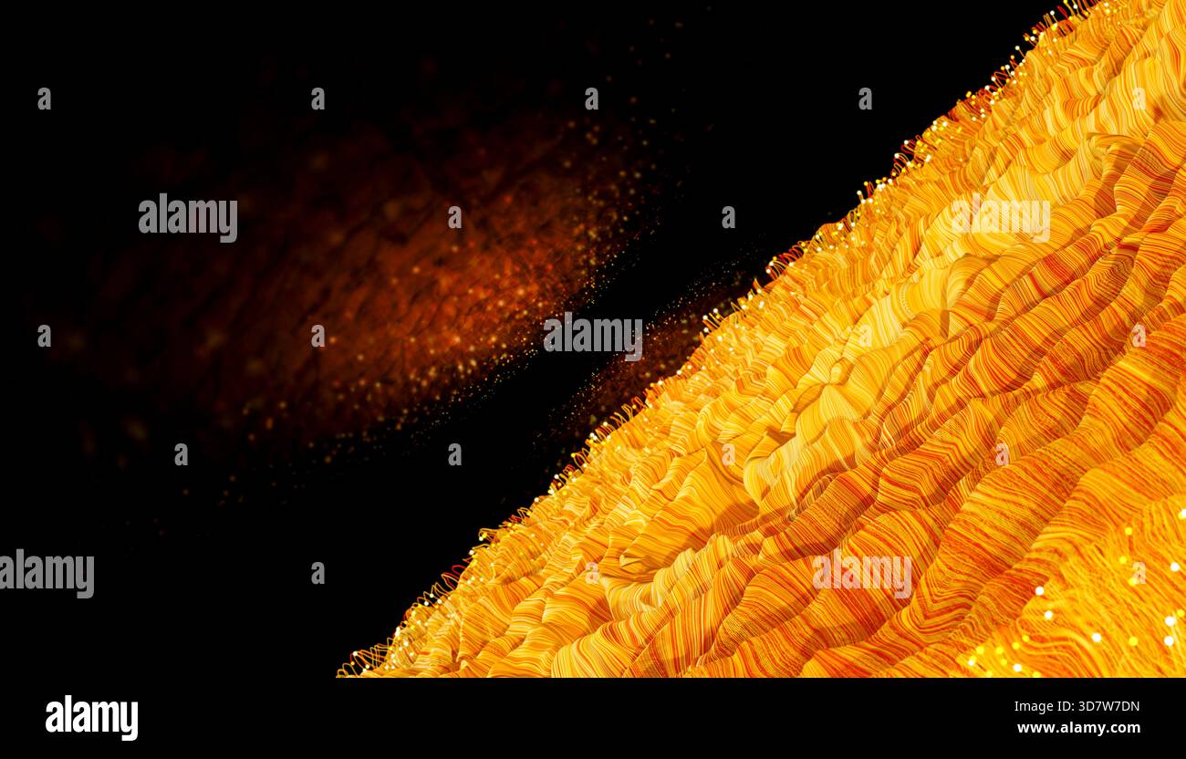 Abstrakte, fließende, orangene Textur mit dunklem, kontrastierendem Hintergrund. Abbildung, Rendering Stockfoto