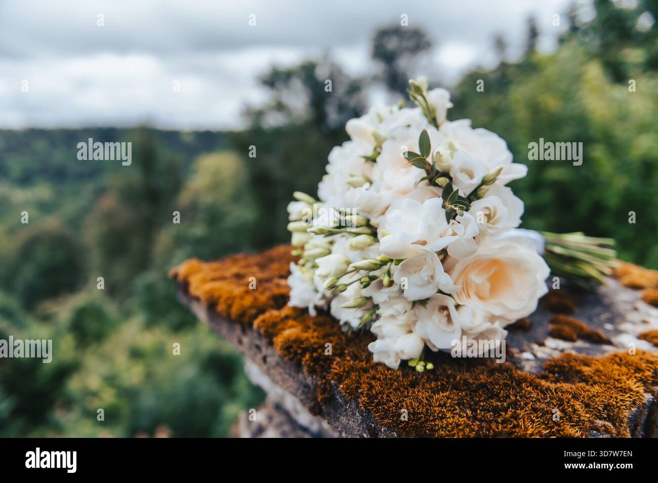 Eleganter weißer Hochzeitsstrauß am Steinrand mit Blick auf den Wald in Lettland. Stockfoto