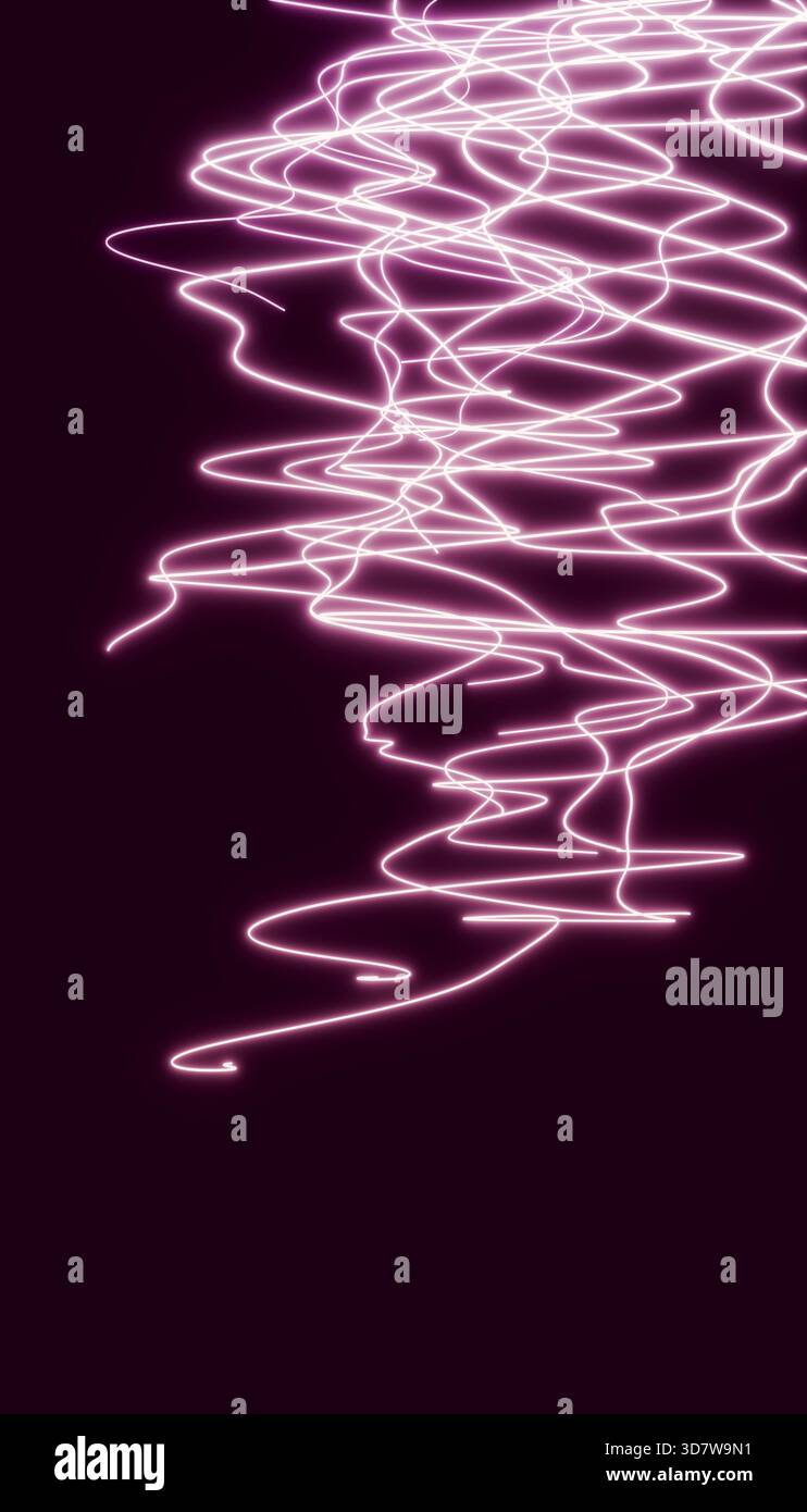 Abstrakte rosa Lichtbahnen auf dunklem Hintergrund erzeugen ein dynamisches, fließendes Muster. Abbildung, Rendering Stockfoto