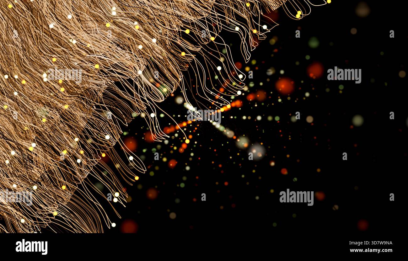 Abstrakte digitale Kunst mit wirbelnden goldenen Linien und bunten Punkten auf schwarzem Hintergrund. Abbildung, Rendering Stockfoto