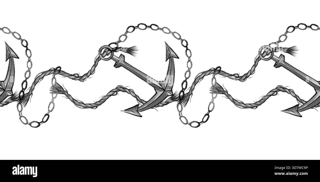 Einfarbige Marinebrande mit Ankern mit langen Ketten, gezeichnet im Aquarellstil auf weißem Hintergrund. Ideal für nautische Einladungen, Packagin Stockfoto