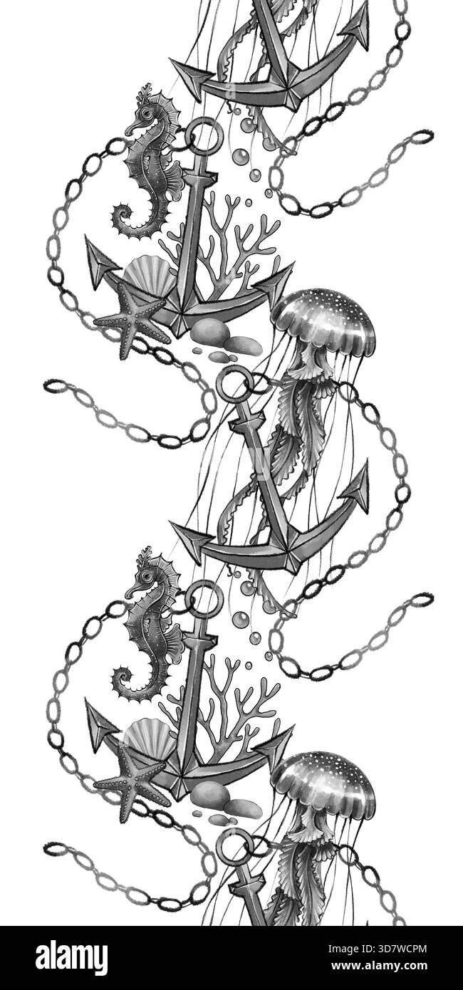 Vertikale nahtlose Grenze mit Anker, Quallen, Seepferdchen, Muscheln, Korallen und Kette in Graustufen-Tinte auf weißem Hintergrund, perfekt für Karten mit Meeresmotiven, Verpackungen, Einladungen und Küstendesigns Stockfoto