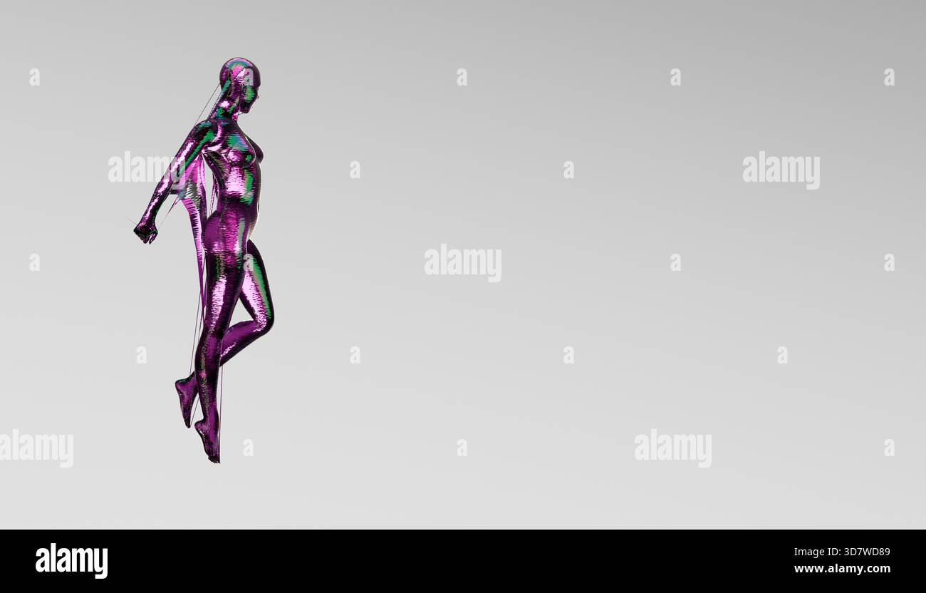 Futuristisch irisierende Schaufensterpuppe vor einem grauen Hintergrund. Abbildung, Rendering Stockfoto