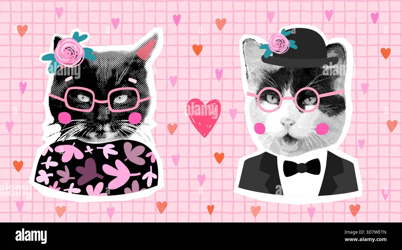 Vektor-Halbtoncollage Katzenpaar auf rosa Hintergrund mit Herzen, lustigen Valentinstag oder Hochzeit Design oder Grußkarte Stock Vektor