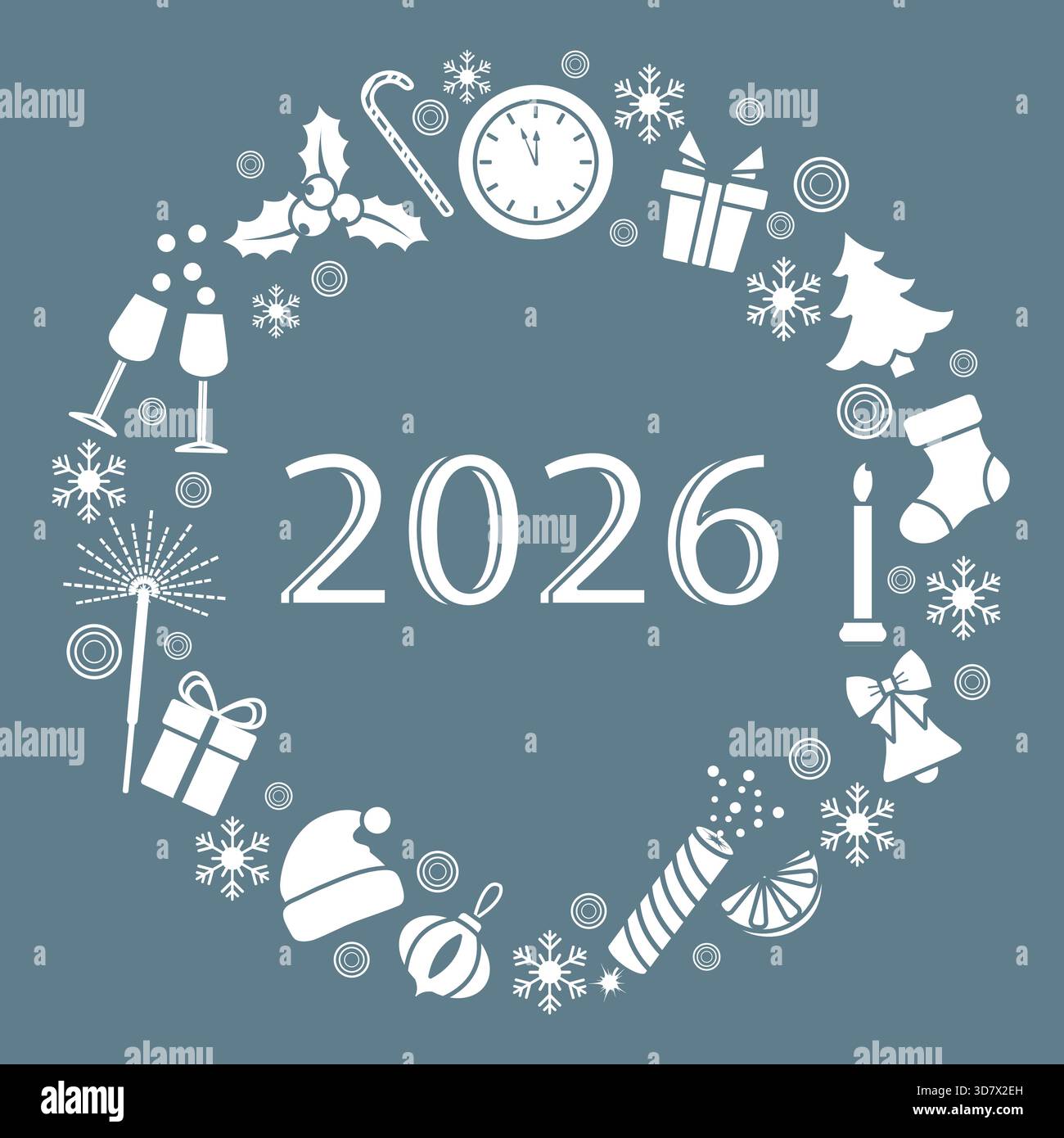 Neujahrskranz 2026 mit Feiertagsikonen auf blauem Hintergrund Stock Vektor