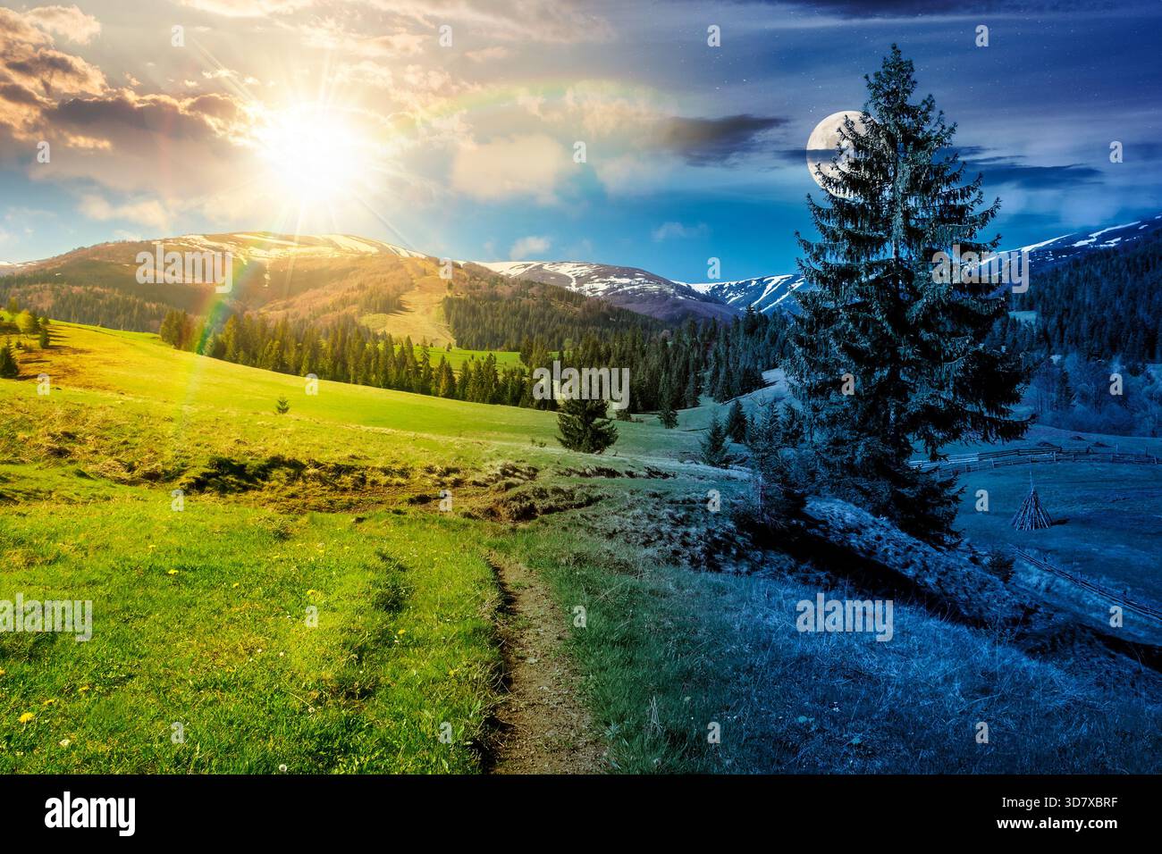 Wunderschönes Frühlingswetter in den Bergen. Tag- und Nachtzeitwechsel. Fichtenbäume auf einer grasbewachsenen Wiese mit Sonne und Mond. Entfernter Bergrücken wi Stockfoto