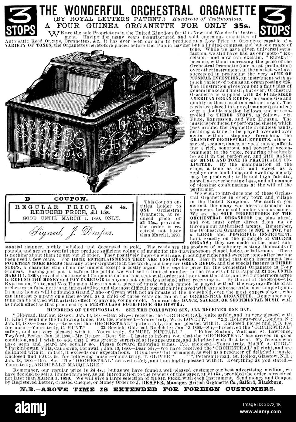 Werbung für die wunderbare Orchesterorganette, 1890. '...es ist uns gelungen, die eigentliche ACME DER MUSIKALISCHEN ERFINDUNG zu produzieren...die Illustration gibt Ihnen nur eine schwache Vorstellung von allgemeiner Herstellung und Finish; aber jede Orchesterorganette wird mit 28 GROSSEN AMERIKANISCHEN ORGELBLÄSCHEN geliefert...die Blätter werden auf neuartige Weise (patentiert) über einem doppelten Saugbalg platziert und werden durch DREI STUFEN gesteuert, wie folgt: Flöte, Expression und Vox Humana. Die Musik wird von perforierten Blättern produziert, die in endlosen Bands um die Organette herumlaufen, so dass eine Melodie immer wieder gespielt werden kann Stockfoto