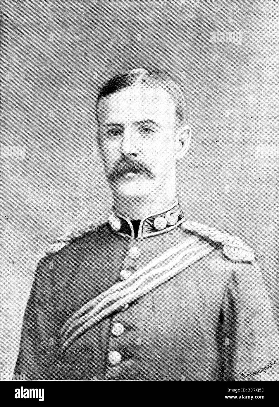 Leutnant W. E. Treppen, R.E., zweiter Befehlshaber von Mr. Stanley's Afrikaexpedition, 1890. Porträt von einem Foto von Mr. Valery. Mr. Stanley...bears Zeugenaussage über die Intelligenz und Fähigkeit von Lieutenant Treppen, der auch einen Großteil der Kämpfe mit feindlichen Indianerstämmen verrichten musste. Am 13. August 1887 griffen die Eingeborenen das Lager entschlossen und entschlossen an. Ihre Vorräte an vergifteten Pfeilen, dachten sie, gaben ihnen jeden Vorteil; und wenn das Gift frisch ist, ist es tödlich. Leutnant Treppen und fünf Männer wurden durch diese Pfeile verwundet; aber Leutnant Stockfoto