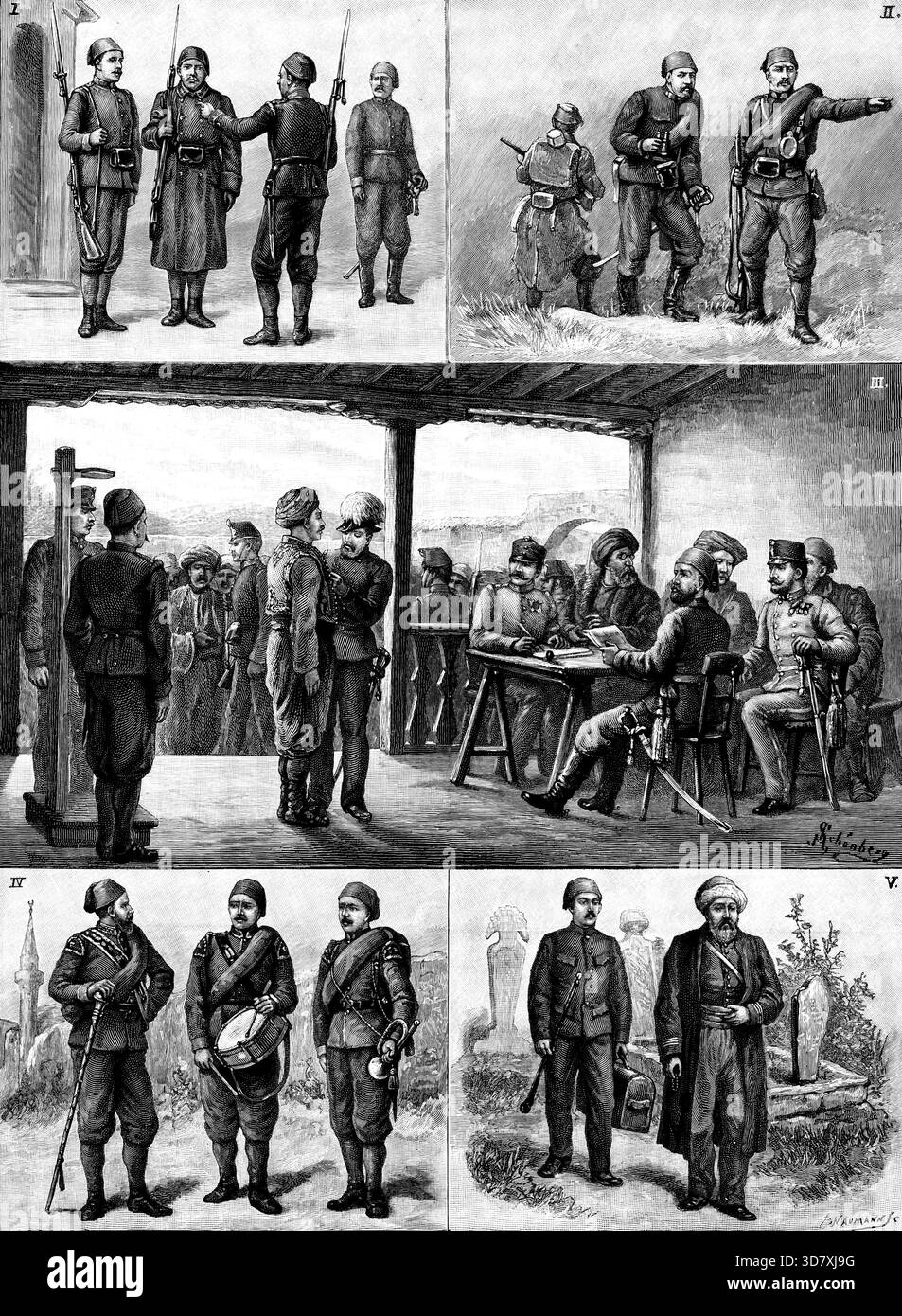 Die österreichisch-ungarische Armee an der türkischen Grenze, 1890. "1. Uniform und Mantel der Infanterie; Feldwebel in Vollkleideruniform; Offizier in Lageruniform. 2. Offizier und Infanterie-Soldaten, Lageruniform. 3. Rekrutierung in Bangaluka, Türkisch-Kroatien. 4. Tambour-Major, Trompeter, Paradeuniform. 5. Imaum oder türkischer Geistlicher mit seinem Koranträger... da es im Reich mittlerweile über zwei Millionen ausgebildete Männer gibt, kann die Kriegsorganisation Österreich-Ungarns als vollständig angesehen werden... die d&#xe9;Pottruppen bestehen aus 205 Depotbataillonen und einigen wenigen Bataillonen der Reserve Landwehr. Abschließend Möchte Ich Noch Sagen, Stockfoto