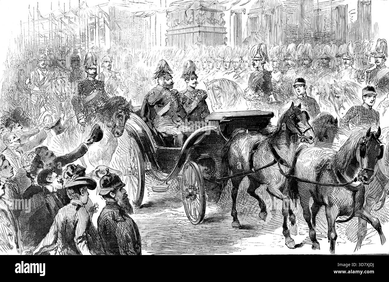 Ankunft des Prinzen von Wales in Berlin, 1890. Die Ankunft des Prinzen von Wales und seines Sohnes Prinz George von Wales am Freitag, dem 21. März, war ein Ereignis, das bei den Bürgern Berlins großes Interesse weckte. Ihre Königlichen Hoheiten... wurden von Kaiser Wilhelm II. Getroffen. Nach herzlichen Grüßen zwischen Kaiser und Prinz von Wales - beide trugen Militäruniform - wurde eine Kutschenprozession mit einer Eskorte von Kürassieren gebildet und fuhr über den Königsplatz, im Thiergarten, durch das Brandenburger Tor und entlang der unter Stockfoto