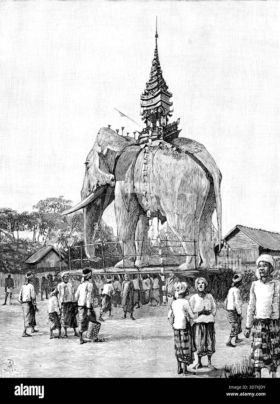Ein Monster Elefant in Mandalay, 1890. Eine burmesische Beerdigung. Das Monsterbildnis eines Elefanten, das in einer Reihe von Pomps und Zeremonien, die an der Beerdigung teilnehmen, sichtbar ist, genannt „Byan“, eines illustren „Phoongye“, einer der großen kirchlichen Persönlichkeiten der reichen Klöster in Burma, wurde von einer großen Gemeinde bewundert. Es stand etwa 80 Fuß. Hoch, einschließlich der „Pyathet“ oder Bier, aus geschnitzten und vergoldeten oder bemalten Holzarbeiten, die auf der Rückseite des riesigen Tieres entstanden sind, dessen Körper eine Hohlstruktur aus Bambusrahmen war, die mit Papier bedeckt war Stockfoto