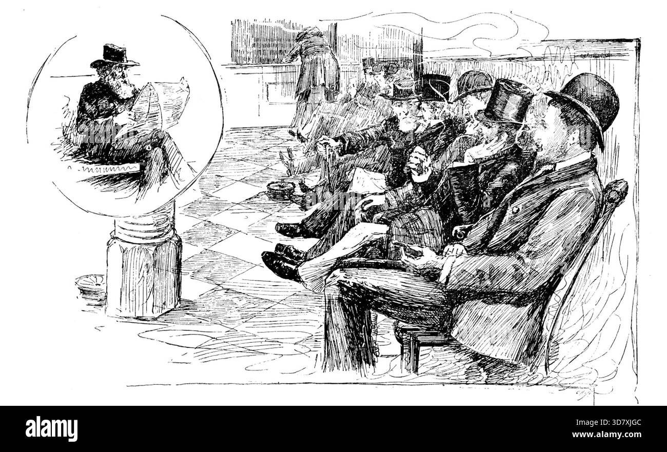 America Revisited by our Special Artist: After-Dinner Lounge im Willard's Hotel, Washington, 1890. „Unser Spezialkünstler hat... Skizzen von charakteristischen amerikanischen Persönlichkeiten unter den Stammkunden erstellt, bei denen Politiker verschiedener Bereiche, Geschäftsleute, "Hustler" und "Holzfäller", Handelsreisende oder "Schlagzeuger", professionelle Männer, Journalisten und Sportmänner aus allen Teilen der Union sich während der Kongresssitzung versammeln. In der Lobby und "Under the Dome", nach dem Abendessen, ist der Boden voll mit Vertretern dieser Varietäten Stockfoto