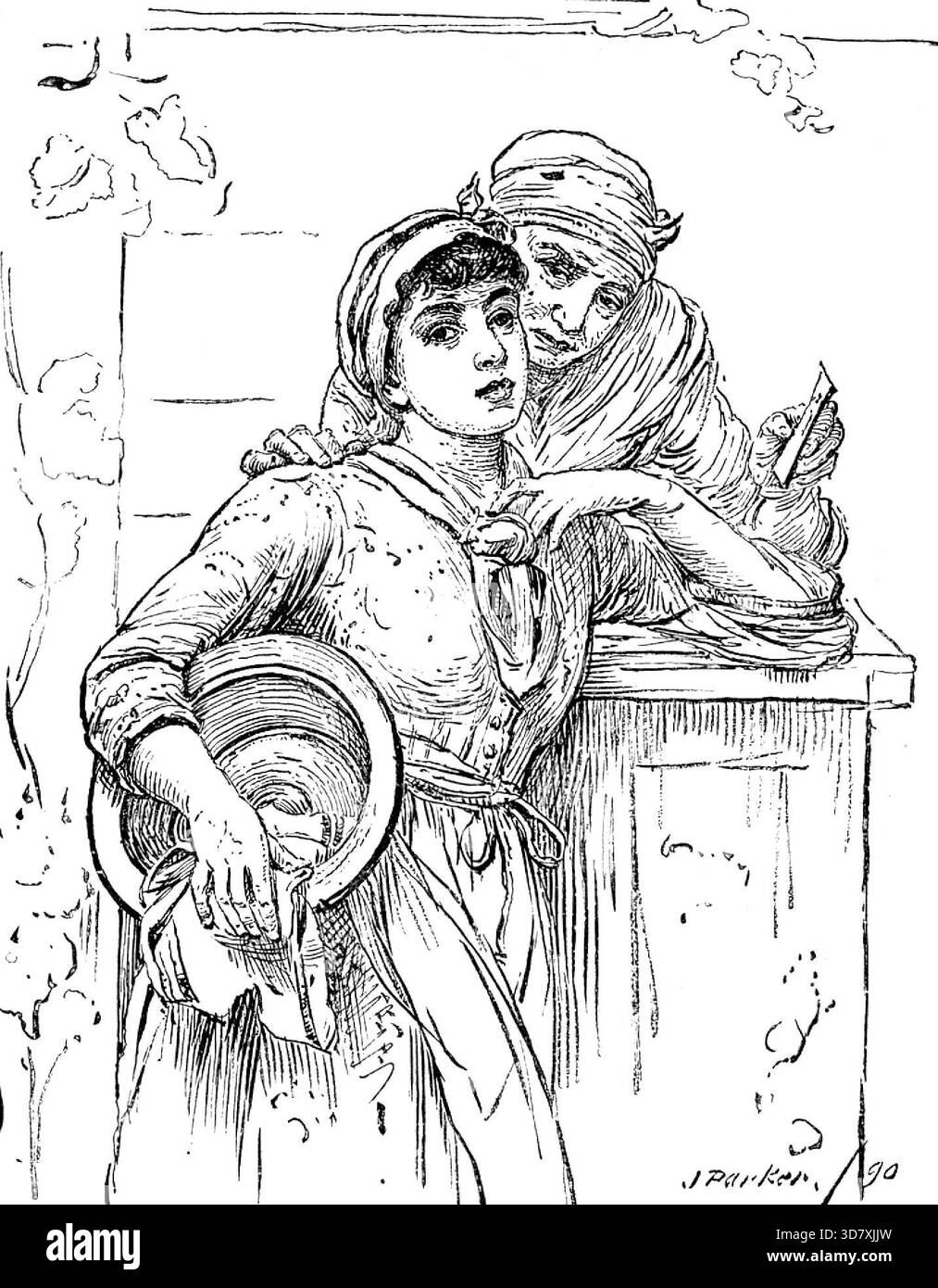 Royal Society of Painters in Water Colours: "A Plädoyer for an absent one" - J. Parker, 1890. Gravur eines Gemäldes. „Wir haben letzte Woche auf die Behauptungen mehrerer Werke hingewiesen, und wir freuen uns daher, einige der wichtigeren, deutlicher vor unsere Leser zu bringen... Mr. Parkers "Plädoyer für einen Abwesenden" erzählt seine eigene Geschichte. Wir kennen das alte Sprichwort "Les absens ont toujours Tort!" Das gilt für alle Arten und Bedingungen von Männern und Frauen. Glücklich ist es, wenn ein älterer und weiserer Kopf sich an die guten Qualitäten des Abwesenden erinnert und dringt Stockfoto